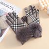 Guantes Calientes para Mujer, Guantes de Cinco Dedos de Cachemir Bordado a Cuadros con Bola de Pelo de Zorro, Terciopelo de Invierno y Engrosamiento