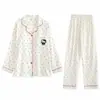 Algodão Nuvem Simples Japonês Preto Bolinhas Gatinho Bordado Roupa de Casa Feminina Gola Lapela Primavera Outono Manga Longa Conjunto de Pijama Fornecimento