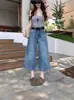 Foto Real de Jeans Cropped de Cintura Alta Wide Leg Estilo Americano para Mulheres, Nova Coleção Primavera 2026 Calças Retas Largas Lavadas Vintage