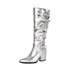 Botas altas de punta sólida para otoño e invierno para mujer, versátiles y ligeras con cremallera lateral, botas de tacón alto para mujer, botas de moda transfronterizas de talla grande para mujer