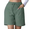 Pantalones cortos casuales de lino holgados de nuevo estilo para verano, transfronterizos europeos y americanos, con bolsillos, color liso, talla grande, de pierna ancha y cintura alta para mujer