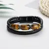 Pulsera Trenzada de Doble Capa con Piedra Ojo de Tigre y Cordón de Piel de Vaca Hebilla Metálica Cabeza de Hebilla Magnética de Acero Inoxidable Pulsera Geometría