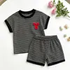 Conjunto de Camiseta Rayada de Verano Nuevo Estilo para Niñas con Top de Moño y Shorts Conjunto Sencillo de Dos Piezas de Manga Corta para Niños