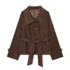 Ropa Europea y Americana Transfronteriza para Mujer AliExpress Venta Caliente Moda Casual Solapa Textura de Tela Cinturón Ceñidor de Cintura Chaqueta Corta