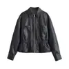 Fábrica de Origen Transfronteriza Ropa de Mujer Chaqueta Corta de Cuero PU Bicolor Solapa Dobladillo de Chaqueta Fruncido Cintura Ceñida Ropa Exterior de Cuero Sintético