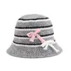 Sombrero de pescador coreano de otoño para mujer, fino, con bloques de color y rayas, de punto de alpaca, con cobertura facial, ligero y transpirable, con cordón y detalle de lazo