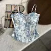 Camisola elegante estilo francês vintage com estampa de porcelana azul e branca, cintura marcada, top de nicho