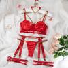 Conjunto de cuatro piezas de lencería sexy de satén de exportación europea y americana, superventas de verano, cadena metálica pesada para club nocturno, sexy.