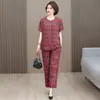 Traje de seda de algodón para mujeres de mediana edad y mayores, pijama fino de verano, ropa de casa adecuada para madres, se puede usar en el exterior, conjunto de dos piezas de talla grande para abuelas