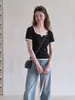 Camiseta de verano para mujer de manga corta con un diseño único, cuello de punto, estilo nicho, corte cropped, tiro alto, ajuste ceñido, dulce y picante 278
