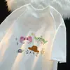 Camiseta feminina de manga curta com estampa de desenho animado fofo japonês em seda de leite, versátil para o verão, estilo loose, doce, manga meia-manga