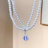 Colar de Pérolas Água-Marinha em Camadas Duplas para Mulheres, Corrente para Clavícula com Pingente de Gota d'Água, Corrente de Pescoço Levemente Luxuosa e de Alto Padrão