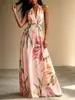 Amazon 2026 Vestido Largo Estampado de Verano Europeo y Americano Transfronterizo con Cuello Halter, Espalda Descubierta, Estilo Vacacional, Elegante, Dobladillo Amplio, Vestido con Cinturón de Lazo
