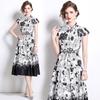 Vestido Estampado Floral de Tinta Moda Retrô Europeu e Americano Francês Cintura Alta Elegante Versátil Modelador de Cintura Aparência Emagrecedora Posicionado