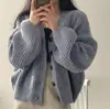 Casaco de malha versátil chic coreano para outono e inverno para mulheres, estilo solto oversized, mangas bufantes casuais, cardigã de tricô grosso e quente