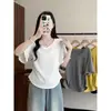 Camiseta de Manga Corta con Cuello en V y Cintura Fruncida de Comercio Exterior para Mujer, Verano, Holgada, Estilo Coreano, Color Sólido, Ropa Exterior, Top de Media Manga, Moderno