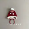 Chapéu de Tricô Vermelho de Natal e Ano Novo para Meninas e Bebês, Chapéu de Inverno com Pompom para Proteção das Orelhas, Chapéu Espesso Quente e à Prova de Frio