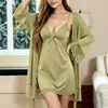 Bata de Noche Cruzada de Comercio Exterior para Mujer con Tirantes, Color Sólido, Encaje Sexy en Empalme, Bata de Manga Larga, Ropa de Casa Sexy
