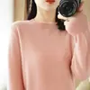 Suéter de malha versátil com mangas compridas para outono e inverno, camisa base fina de gola redonda curta para mulheres, cor sólida
