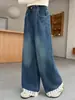 Pantalones vaqueros anchos para niña, nuevos de otoño 26 con ribete de encaje, pantalones largos rectos de cintura alta casual para niños grandes de primavera y otoño