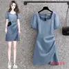 Vestido Casual Simples de Sarja Lavada com Mangas Curtas, Comprimento Médio, Tamanho Plus, Estilo Coreano, Tendência para Mulheres