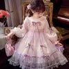 Vestido Lolita Rosa para Meninas Renda Laço Malha Vestido Princesa Doce Manga Bufante