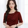Nueva camiseta de satén de manga corta con cuello plisado para mujer, diseño ajustado, elegante, tipo camisa, vertical, transpirable y cómoda.