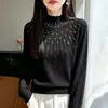 Suéter de punto grueso con cuello alto y adornos de pedrería para mujer, un top de punto lujoso y delicado en color liso con mangas largas, una capa base elegante y con estilo