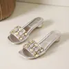 Sandalias de una tira estilo francés con punta cuadrada y tacón transparente, adecuadas para usar en exteriores en verano con faldas, Tacones Altos de Tacón Grueso, Sandalias de Pedrería