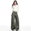 Jeans Cargo de Pierna Ancha Color Naranja Infantil # Caqui para Mujer con Diseño de Hendidura Plegada, Pantalones de Longitud hasta el Suelo Versátiles y Modernos