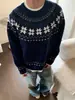 Suéter Jacquard de Punto con Cuello Redondo Estilo Retro Americano con Diseño de Copos de Nieve Fair Isle para Hombres y Mujeres Suéter Casual Holgado Top Cleanfit