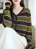 Suéter de punto a rayas color block con cuello en V, un diseño a rayas clásico, versátil, cálido, hecho de lana fina, un imprescindible para otoño e invierno, que irradia elegancia