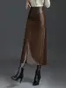 Saia autêntica de couro genuíno Haining para mulheres, coleção outono/inverno 2026, estilo coreano, saia de comprimento médio em pele de ovelha com fenda, design justo ao corpo, moderna
