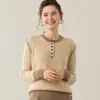 Nuevo Suéter de Cachemira Pura para Mujer Otoño e Invierno con Cuello Redondo Grueso, Mangas de Color Contrastante, Medio Botones, Canalé, Tejido Cálido
