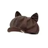 Boina de piel sintética con orejas de gato para mujer, primavera y otoño, gorro negro estilo repartidor de periódicos que estiliza la figura.
