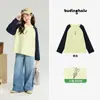 Pudding Haru Ropa Infantil Primavera Nuevo Estilo Camiseta de Manga Larga Raglán con Bloques de Color para Niñas, Camiseta Básica de Manga Larga con Cuello Redondo 100% Algodón para Niños