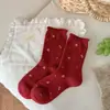 Meias de Lã Vermelhas para Mulheres, Meias Grossas Quentes de Inverno até o Meio da Panturrilha, Meias Fofas de Desenho Animado com Laço e Cachorrinho, Meias Largas