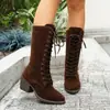 Botas Martin de Cano Médio Plus Size Europeias e Americanas Femininas Outono/Inverno Novo Estilo Botas de Cavaleiro Grossas Fosco Salto Alto Cadarço Moda para Comércio Exterior