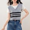Camiseta Feminina de Malha com Listras Contrastantes Falsa Duas Peças Manga Curta Verão 2025 Camisa Base Top Amazon Cruzamento Europeu e Americano