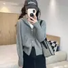 Cárdigan de punto con doble cremallera, chaqueta 100% lana pura, nuevo estilo corto para otoño e invierno, sudadera con capucha para mujer, casual para figuras petite
