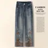 Jeans Bordados Calados para Mujer, Verano Delgados de Cintura Alta Ajustados Petite Acortados Vintage Estrechos de Pierna Recta Tipo Cigarrillo