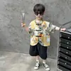 Camisa Tie-dye com Pintura de Tinta Salpicada Hanfu Chinês de Verão para Crianças Novo Estilo Nacional Chinês Manga Curta Terno Tang para Crianças de Tamanho Médio e Grande Fantasia de Performance