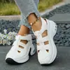 Sandalias de cuña con diseño calado y punta cerrada para mujer, Zapatos de plataforma con suela gruesa y velcro para mujer, Sandalias planas de caña baja en negro al por mayor y tallas grandes