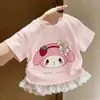 Camiseta de Manga Corta Dopamina Dibujos Animados para Niña Verano Estilo Coreano Bebé Niña Encaje Casual Versátil Elegante Top