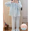 Pijama Estilo Princesa para Mujer, Primavera y Otoño, con Almohadillas Integradas en el Sujetador, Dulce, Delgado, Encaje de Algodón Nube, Manga Larga, Conjunto de Ropa de Casa Femenino
