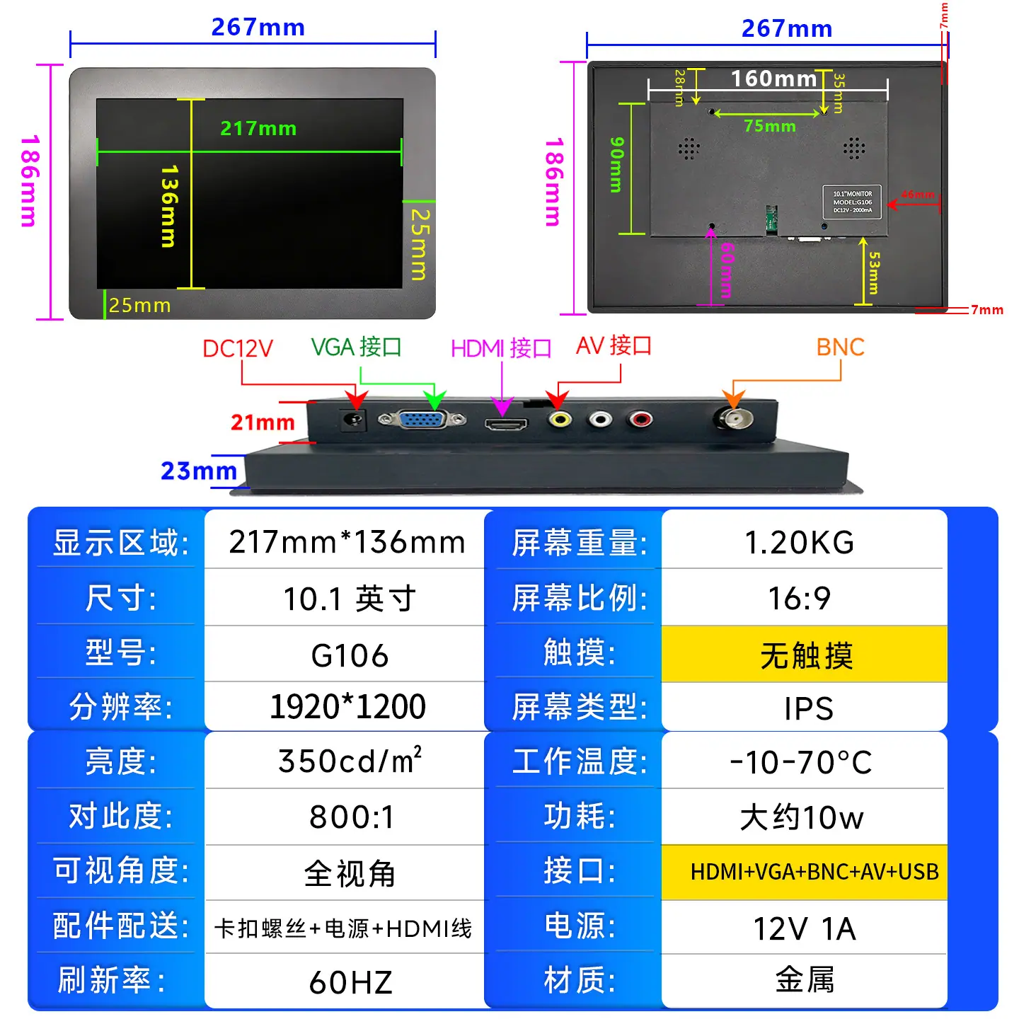 G106-10.1寸宽屏-无触摸-多接口-1920-1200