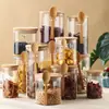 Frascos Sellados de Vidrio Personalizados al por Mayor con Cucharas, Frascos de Almacenamiento para Sala de Estar para Dulces y Frutas Secas, Contenedores de Almacenamiento Redondos con Tapa de Madera de Bambú