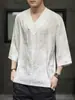 Camiseta de verano holgada para hombre con tacto de seda helada, diseño de cuello en V, estilo Hanfu, top de nicho de manga tres cuartos, fina, estilo chino
