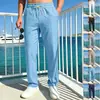 Calça Masculina Fina de Cruzamento para Primavera, Verão e Outono, Confortável de Linho Falso com Cordão Bolsos Frontais Moda Estampada 3D Calça de Praia