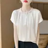 26 Verano Nuevo Satén Acetato Chic Francés Encaje Cuello Redondo Color Sólido Estilo Coreano Simple Manga Corta Top para Mujer